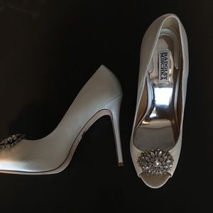 Badgley Mischka embellished peep-toe satin pumps